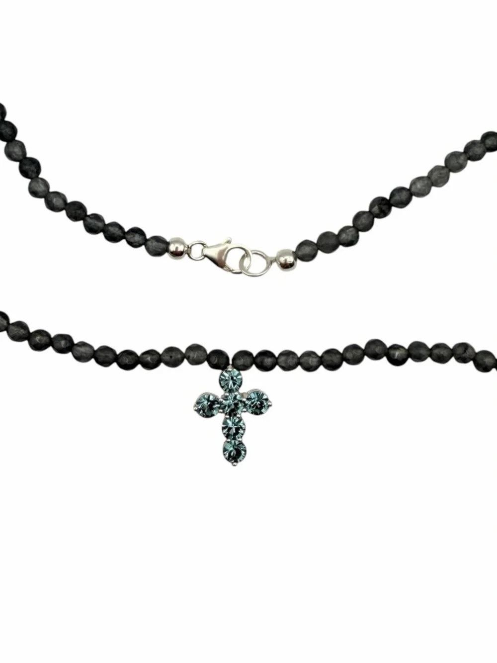 Vintage NOS 925 Sterling Silver Swarovski Crystal Cross Gray Beaded Necklace